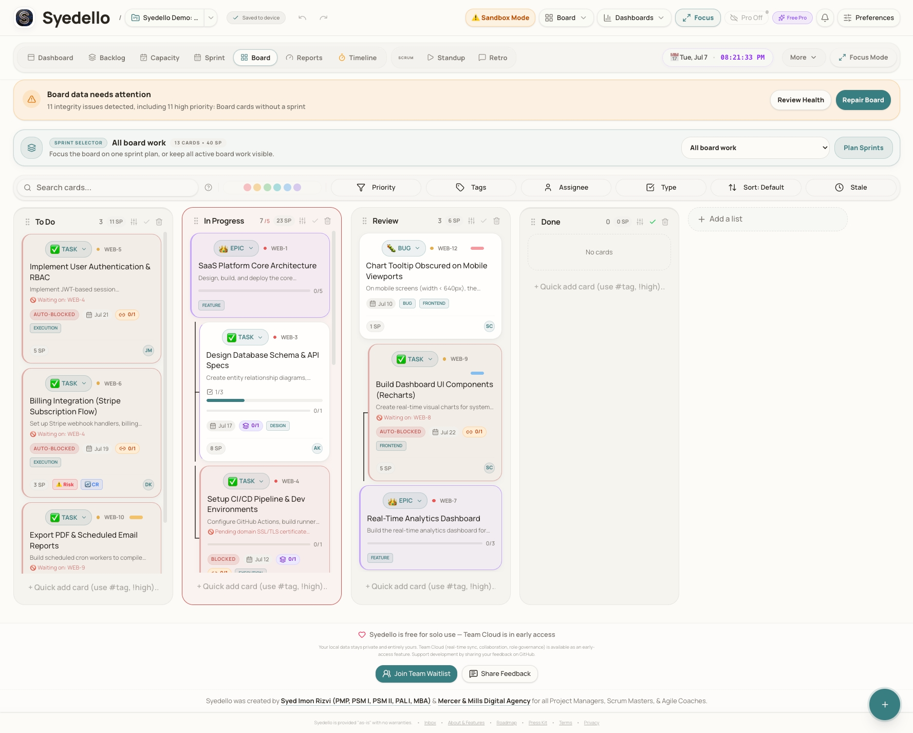 Syedello Kanban command center screenshot